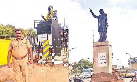 சென்னை அண்ணா சாலையில் உள்ள பெரியார் -அண்ணா சிலைகளுக்கு போலீஸ் பாதுகாப்பு போடப்பட்டு உள்ளதை காணலாம்.