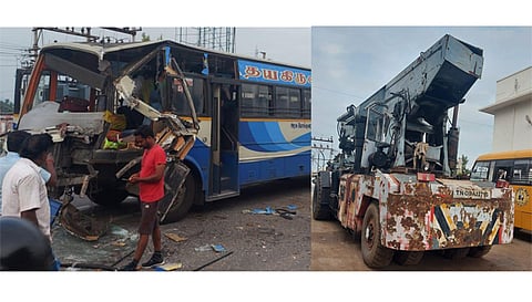 விபத்தில் சிக்கிய பஸ் முன்பகுதி சேதம் அடைந்த காட்சி. விபத்தை ஏற்படுத்திய கிரேன்