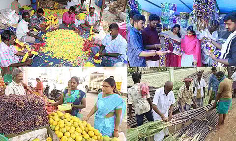 பூ மார்க்கெட்டில் மாலைகள் தயார் செய்யும் பணி நடைபெறுவதையும், பழங்கள், அலங்கார பொருட்களை வாங்கும் பொதுமக்கள்.