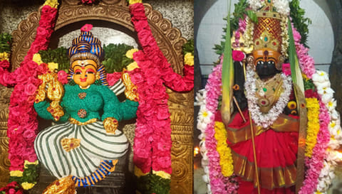 நவராத்திரி கடைசி நாள் விஜய தசமியை முன்னிட்டு வேலூர் பேட்டை பகவதி அம்மன், கோப்பணம்பாளையம் அங்காள பரமேஸ்வரி அம்மன் ஆகிய சாமிகள் சிறப்பு அலங்காரத்தில் அருள்பாலித்த காட்சி.