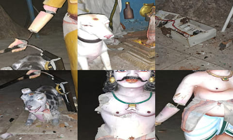 உடைக்கப்பட்ட சாமி சிலைகளை படத்தில் காணலாம்.