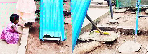 சிறுவர் பூங்காவில் சேதமடைந்த விளையாட்டு உபகரணங்கள் பழுதான நிலையில் உள்ளதை படத்தில் காணலாம்.