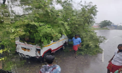 தியாகதுருகத்தில் ஷேர் ஆட்டோ மீது புளியமரம் விழுந்து கிடப்பதை படத்தில் காணலாம்.
