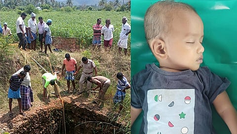 இளம்பெண் தவறி விழுந்த கிணற்றையும், பலியான குழந்தையையும் படத்தில் காணலாம்.