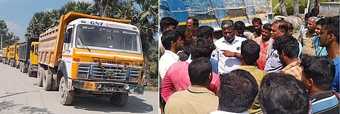 பொதுமக்கள் மடக்கிய லாரிகள். வட்டார போக்குவரத்து ஆய்வாளர் ராமலிங்கம், தாசில்தார் ஆனந்தன் ஆகியோர் பொதுமக்களிடம் பேச்சுவார்த்தை நடத்திய காட்சி.