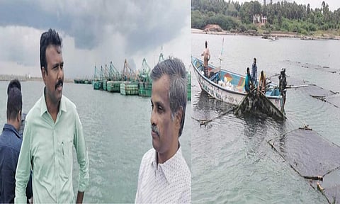 சின்னமுட்டம் மீன்பிடி துறைமுகத்தில் கடல் பாசி வளர்க்கும் திட்டத்தை கலெக்டர் அரவிந்த் பார்வையிட்டு ஆய்வு செய்தபோது எடுத்த படம்&nbsp;