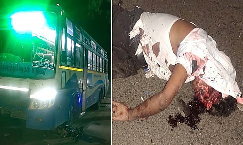 விபத்தை ஏற்படுத்திய பஸ்சையும், பலியான வாலிபரையும் படத்தில் காணலாம்.