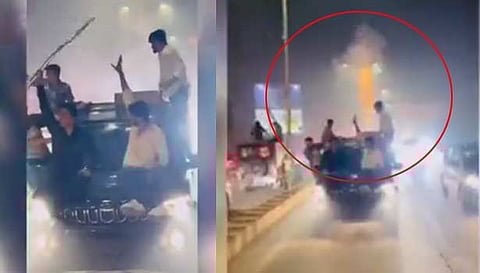 ஓடும் கார் மேற்கூரையில் அமர்ந்து பட்டாசு வெடித்த இளைஞர்கள் - வைரலாகும் போலீஸ் ஆக்‌ஷன்