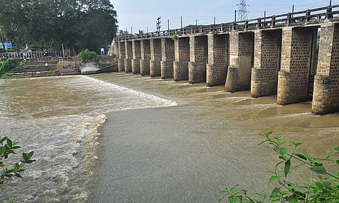சோழன் திட்டை அணைக்கட்டில் இருந்து தண்ணீர் சீறிப்பாய்ந்து வருவதை படத்தில் காணலாம்