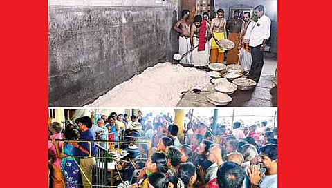 ஐப்பசி மாத பவுர்ணமியை முன்னிட்டு சிவன் கோவில்களில் இன்று அன்னாபிஷேகம் நடைபெற்றது. மதுைர இம்மையிலும் நன்மை தருவார் கோவிலில் அன்னாபிஷேகத்தை முன்னிட்டு ஸ்தல அர்ச்சகர் தர்மராஜ் சிவம் தலைமையில் 110 படி சாதம் தயார் செய்யப்பட்டு சிவனுக்கு படைக்கப்பட்டது. அன்னாபிஷேக அலங்காரத்தை காண திரண்ட பக்தர்கள்.