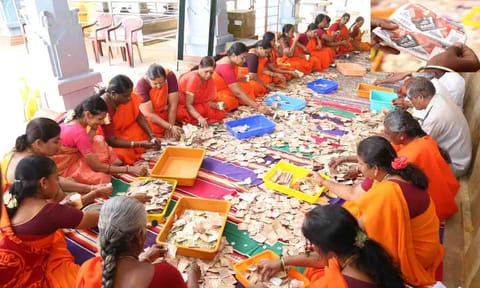 உண்டியல் பணத்தை எண்ணும் ஊழியர்களையும், உண்டியலில் போடப்பட்டுள்ள கேரளா லாட்டரி சீட்டையும் படத்தில் காணலாம்.