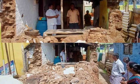 திருமுருகன் பூண்டி நகராட்சித் தலைவர் மழையால் இடிந்த வீட்டை ஆய்வு செய்த காட்சி.