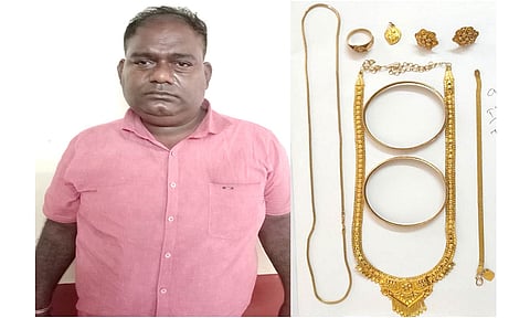கைது செய்யப்பட்ட விக்னேஷ் கண்ணன், பறிமுதல் செய்யபட்ட நகைகள்.