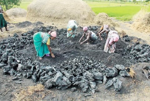 கரிமூட்டம் தொழிலில் ஈடுபட்டுள்ள பெண்கள்.