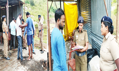 வெண்குன்றம் மலையில் தடுப்பு வேலி அமைத்து போலீசார் கண்காணித்து வரும் காட்சி.