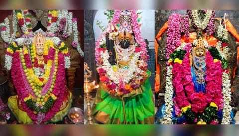 அமாவாசையை முன்னிட்டு பரமத்தி அங்காளம்மன், கோப்பணம் பாளையம் அங்காள பரமேஸ்வரி அம்மன், வாழவந்தி அங்காளம்மன் சிறப்பு அலங்காரத்தில் அருள்பாலித்த காட்சி.&nbsp;