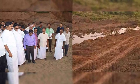 அமைச்சர்  மு.பெ.சாமிநாதன் தடுப்பணை கட்டும் பணியினை தொடங்கி வைத்த காட்சி.&nbsp;&nbsp;