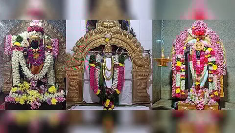 பரமத்தி வேலூர் பேட்டை பகவதி அம்மன் கோவில் உள்ள முருகப்பெருமான், அனிச்சம் பாளையத்தில் வேல்வடிவில் உள்ள சுப்பிரமணியர், பிலிக்கல் பாளையம் அருகே கரட்டூரில் உள்ள விஜயகிரி பழனி ஆண்டவர் சிறப்பு அலங்காரத்தில்  அருள்பாலித்த காட்சி.