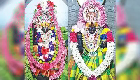 அங்காள பரமேஸ்வரி அம்மன், அரசாயி அம்மன் சிறப்பு அலங்காரத்தில் அருள்பாலித்த காட்சி.