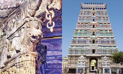 யாளியின் வாயில் கல் பந்து இருப்பதை படத்தில் காணலாம்