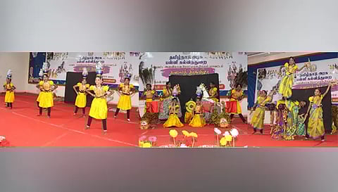 போட்டியில் கரகம், பொய்க்கால்குதிரை, ஒயிலாட்டம் ஆடி தங்கள் திறமைகளை வெளிப்படுத்திய மாணவிகளை படத்தில் காணலாம்.