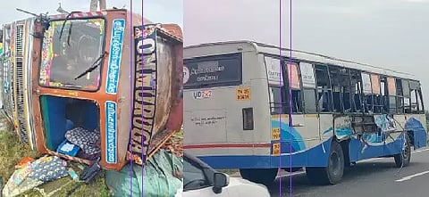 விபத்தில் சிக்கி தலைகுப்புர கவிழ்ந்து கிடக்கும் லாரி, அரசு பஸ்சை படத்தில் காணலாம்.&nbsp;