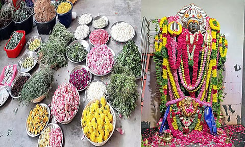 64 வகை அபிஷேக பொருட்களையும், சிறப்பு அலங்காரத்தில் சுவாமி காட்சி அளிப்பதையும் படத்தில் காணலாம்.