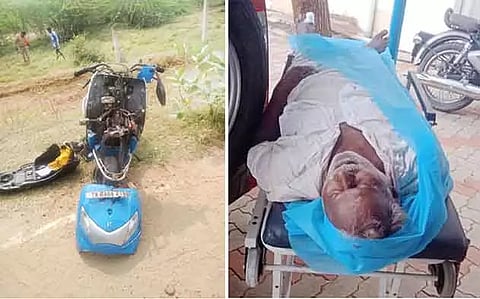 விபத்துக்குள்ளான மோட்டார் சைக்கிளையும், பலியான அய்யனாரையும் காணலாம்.