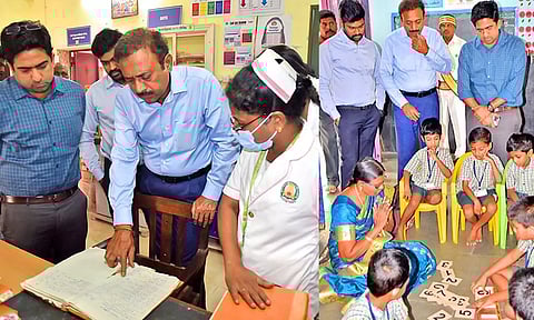 பெருமாள்புரம் அரசு ஆரம்ப சுகாதார நிலையம், மாநகராட்சி தொடக்க பள்ளியில் மாவட்ட கண்காணிப்பு அலுவலர் செல்வராஜ், கலெக்டர் விஷ்ணு ஆய்வு செய்தபோது எடுத்தபடம்.