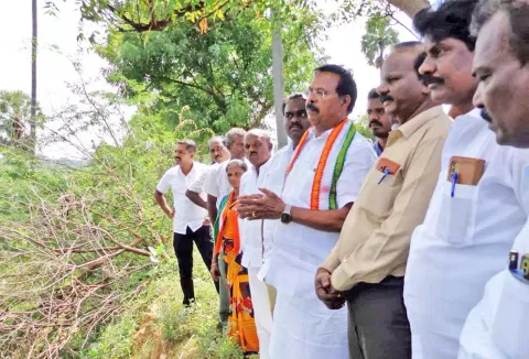 பாதிக்கப்பட்ட வாழைகளை ரூபி மனோகரன் எம்.எல்.ஏ. ஆய்வு செய்த காட்சி.