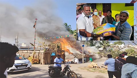 குடிசை வீடுகள் தீப்பற்றி எரியும் காட்சி. உள்படம் : நிவாரண பொருட்கள் வழங்கிய போது எடுத்த படம்.