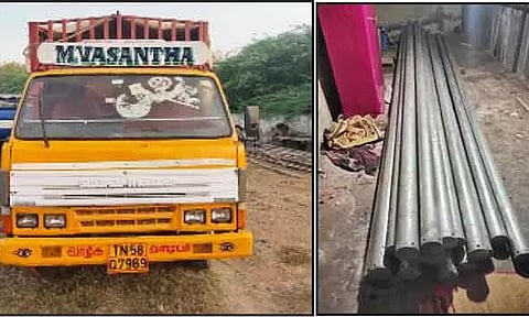 பறிமுதல் செய்யப்பட்ட பைப்புகள், லாரி.