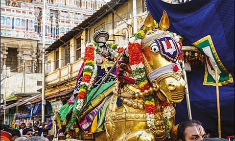 நம்பெருமாள் தங்கக்குதிரை வாகனத்தில் எழுந்தருளி பாரிவேட்டை வைபவம் கண்டருளிய காட்சி.