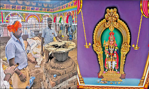 யாகசாலை அமைக்கும் பணி நடைபெற்ற காட்சி. தத்ரூபமாக வரையப்பட்டுள்ள முருகப்பெருமானின் ராஜ அலங்கார ஓவியம்.