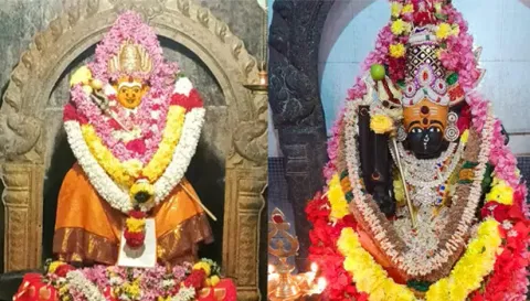 அமாவாசையை முன்னிட்டு மாரியம்மன், அங்காள பரமேஸ்வரி அம்மன் சிறப்பு அலங்காரத்தில் அருள் பாலித்த காட்சி.