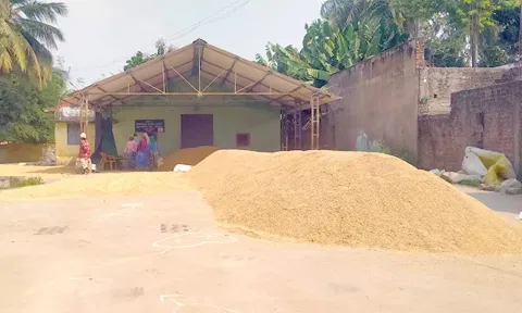 கொள்முதல் நிலையம் முன்பு கொட்டி வைத்துள்ள நெல்லின் ஒருபகுதி.