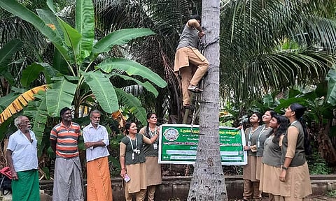 மாணவிகள்   தென்னை மரம் ஏறும் கருவி குறித்து விவசாயிகளுக்கு செயல்விளக்கம் அளித்த காட்சி.