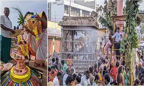 பக்தர்கள் மீது புனித நீர் தெளிக்கப்பட்ட காட்சி.