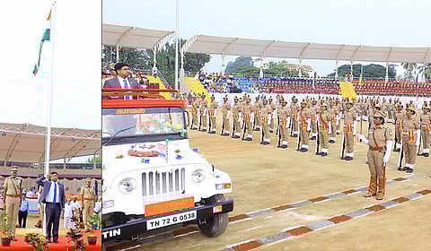 பாளை வ.உ.சி. மைதானத்தில் கலெக்டர் விஷ்ணு தேசிய கொடி ஏற்றி, போலீசாரின் அணிவகுப்பு மரியாதையை ஏற்றுக்கொண்ட காட்சி.