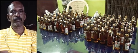 கைது செய்யப்பட்டவரையும்,  பறிமுதல் செய்யப்பட்ட மதுபாட்டில்களையும் படத்தில் காணலாம்.