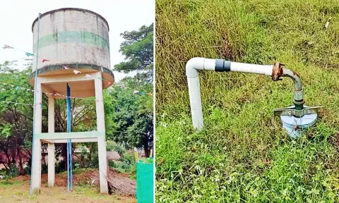 மேல்நிலை நீர்தேக்க தொட்டி மற்றும் பைப்.