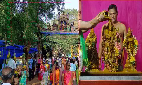 பக்தர்கள் கூட்டத்தினையும், முருகனுக்கு சந்தன அபிஷேகம் நடைபெற்றதையும் படத்தில் காணலாம்.