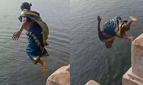 தாமிரபரணி ஆற்றில் ‘டைவ்’ அடிக்கும் மூதாட்டி.