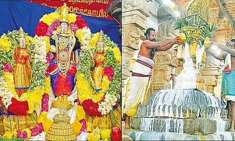 திருக்கோஷ்டியூர் சவுமியநாராயண பெருமாள் கோவிலில் மாசி தெப்ப உற்சவம் கொடியேற்றத்துடன் தொடங்கியது
