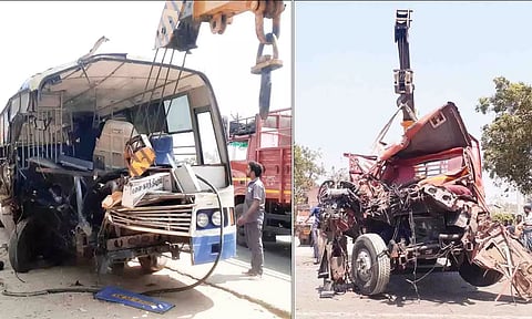 விபத்துக்குள்ளான வேன்-அரசு பஸ்.&nbsp;