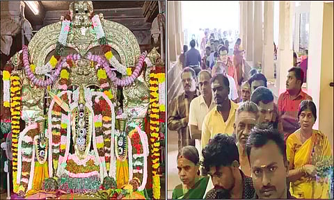 சிறப்பு அலங்காரத்தில் பெருமாள் காட்சி அளித்ததையும், தரிசனத்துக்காக பக்தர்கள் நின்றதையும் படத்தில் காணலாம்.