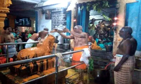 விழாவில் நந்திக்கு சந்தன அபிஷேகம் நடைபெற்ற காட்சி.