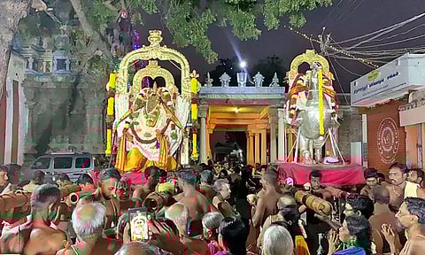 கருட சேவை நிகழ்ச்சியில் பெருமாள் கருட வாகனத்திலும், நம்மாழ்வார் அன்னவாகனத்திலும் எழுந்தருளி பக்தர்களுக்கு அருள் பாலித்த காட்சி.