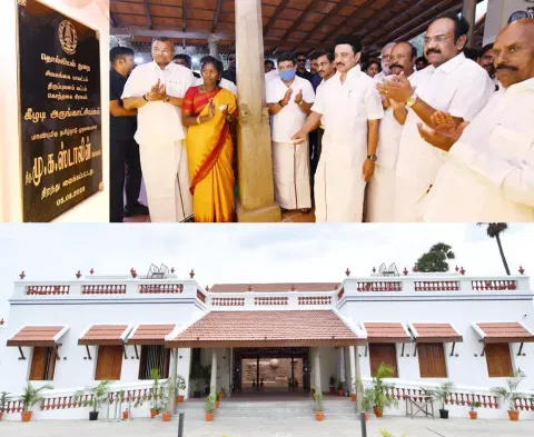 கீழடியில் அமைக்கப்பட்ட அருங்காட்சியகத்தை முதல்-அமைச்சர் மு.க.ஸ்டாலின் திறந்து வைத்தார். அருகில் அமைச்சர்கள் பெரியகருப்பன், தங்கம்தென்னரசு, எ.வ.வேலு, ஐ.பெரியசாமி, பழனிவேல்தியாகராஜன், கார்த்தி சிதம்பரம் எம்.பி., தமிழரசி எம்.எல்.ஏ. மற்றும் பலர் உள்ளனர்.