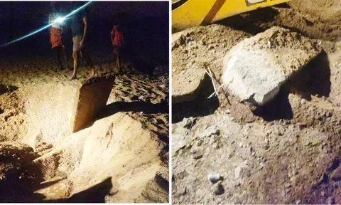 கலசப்பாக்கம் அருகே செய்யாற்றில் கோவில் புதைந்திருப்பதாக கூறப்படும் இடத்தை படத்தில் காணலாம்.